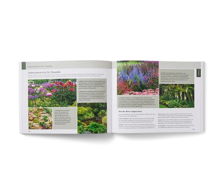 Ein offenes Buch zeigt Seiten mit Fotos und Text über Gartenarbeit, mit dem Titel "Gut geplant durchs Gartenjahr".