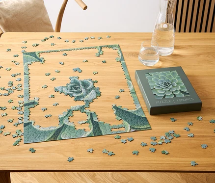 Ein teilweise zusammengesetztes Puzzle »Sukkulente« liegt auf einem Holztisch neben einer Schachtel mit Sukkulentenmotiv, einem Glas und einer Karaffe Wasser.