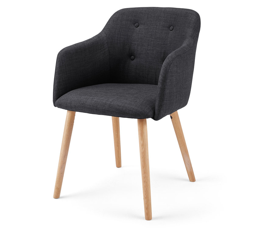 Gepolsterter anthrazitfarbener Stuhl mit Holzbeinen.