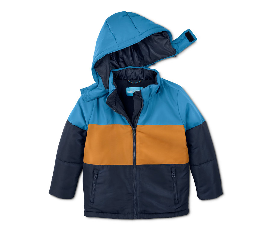 Blau-braun-marineblaue Thermojacke im Colorblocking-Design mit Reißverschluss in der Mitte.