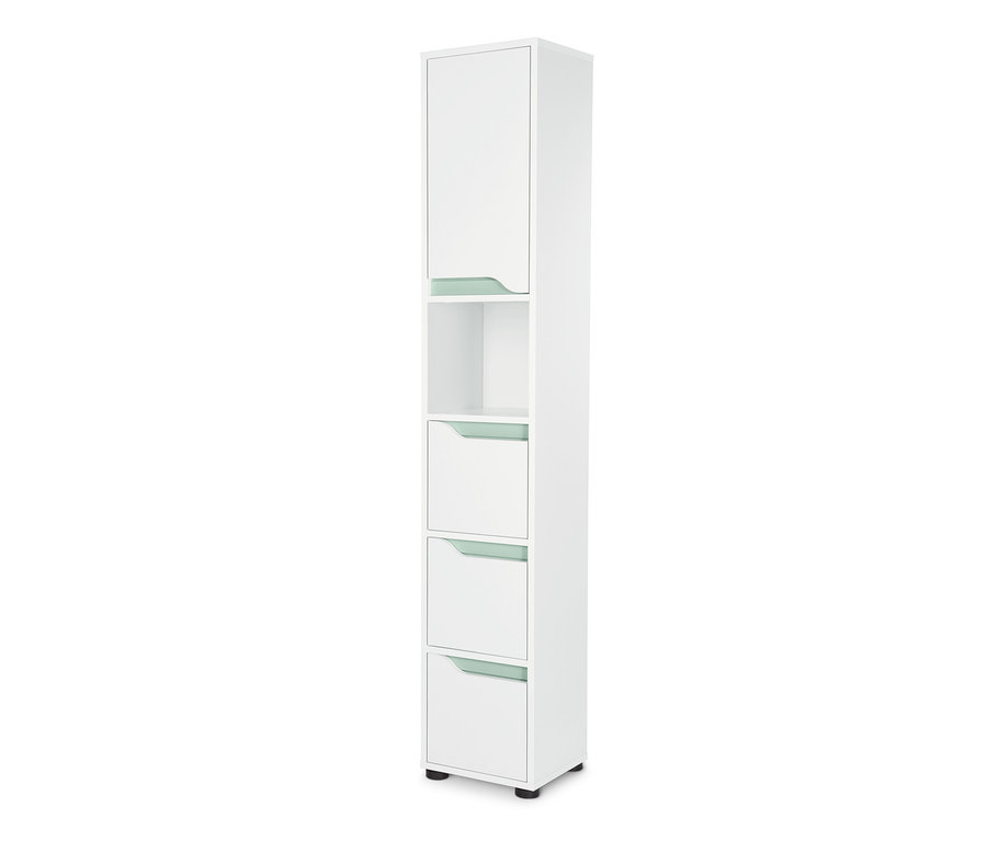 Ein schmaler, weißer Badezimmer-Hochschrank mit einer Tür oben und drei Schubladen mit hellgrünen Griffen.