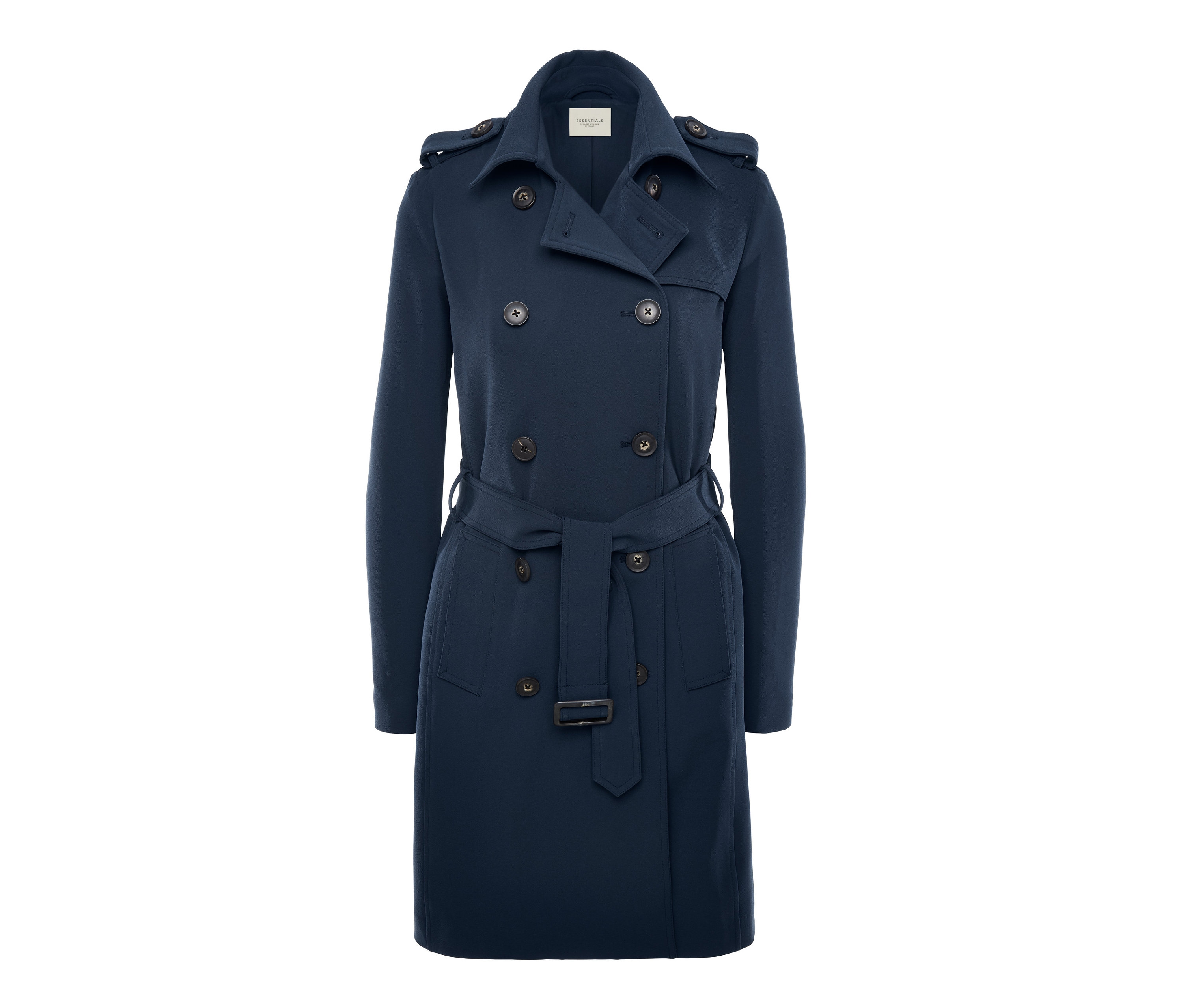 Dunkelblauer, klassischer Trenchcoat mit Gürtel.