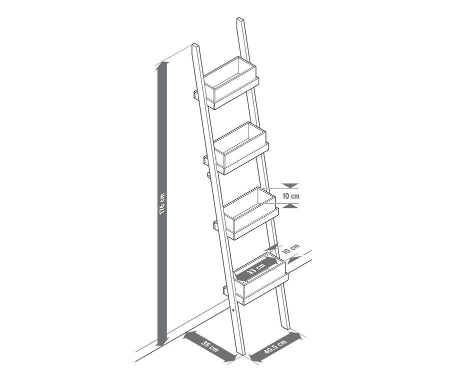 Illustration einer zusammenklappbaren Pflanzleiter mit Pflanzkästen.