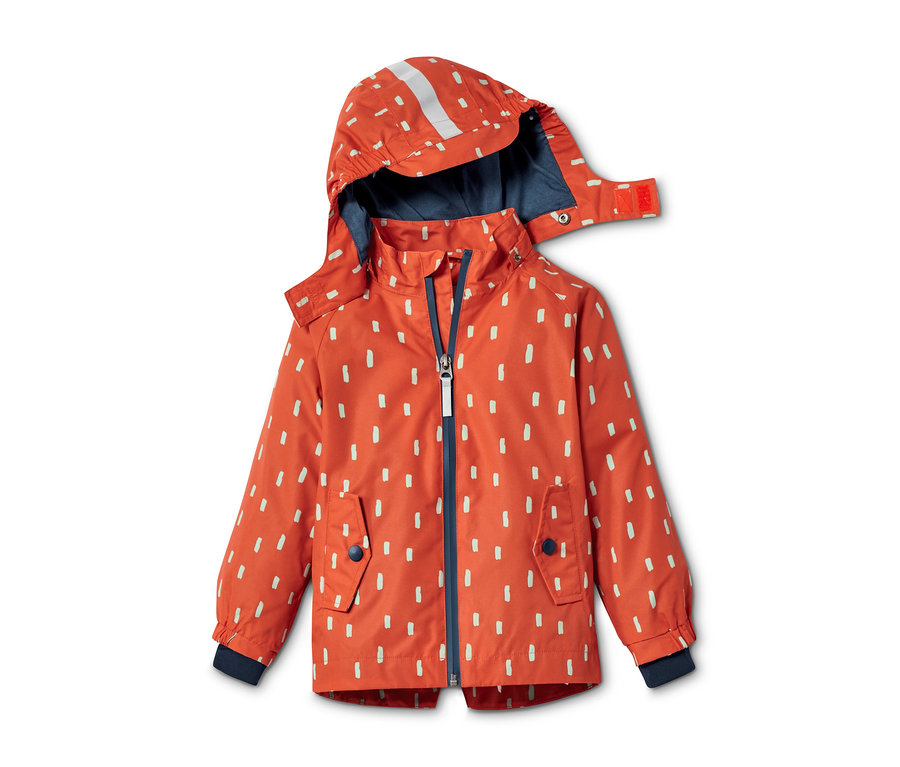 Orange Regenjacke aus recyceltem Material mit Alloverprint.