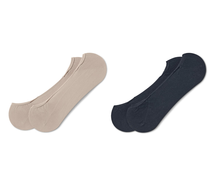 Zwei Paar Füßlinge: ein Paar in Beige, ein Paar in Dunkelblau.