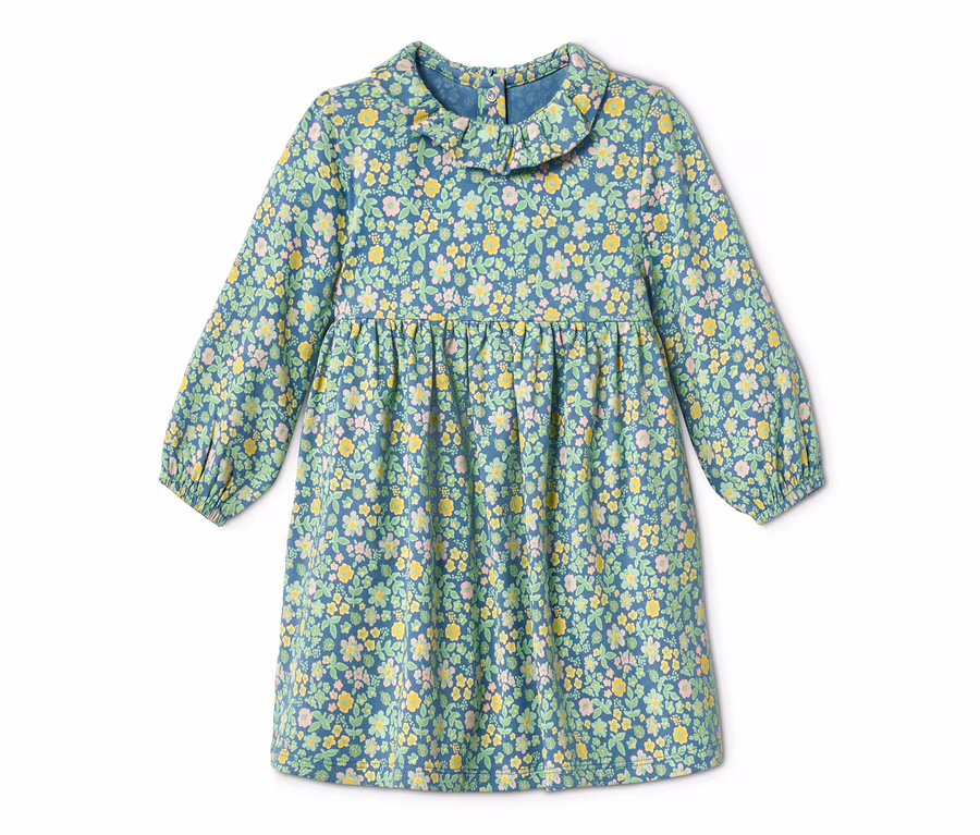 Blaues Jerseykleid mit langen Ärmeln und Blumenmuster.