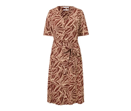 Ein bedrucktes Jerseykleid mit Blättern in Beige und Braun.