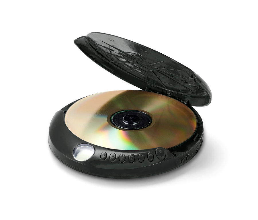 Ein schwarzer, tragbarer CD-Player mit geöffnetem Deckel und eingelegter CD.