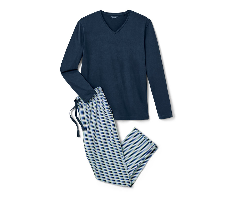 Ein blauer Pyjama mit langen Ärmeln und einer gestreiften Hose.