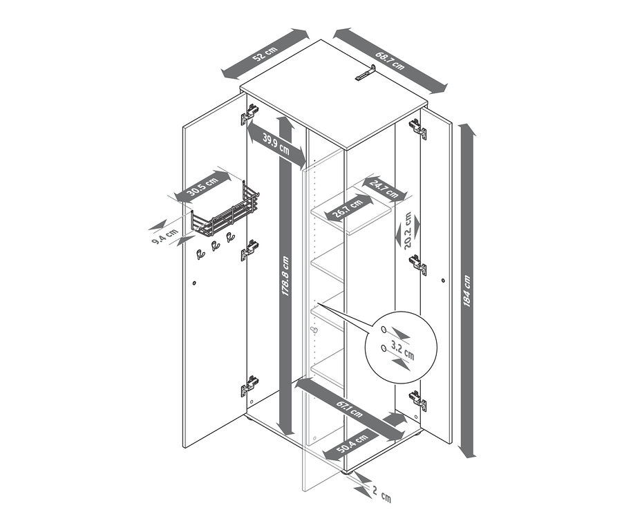 Abbildung eines Universalschranks mit seitlichem Stauraum, geöffneten Türen und Bemaßungen.
