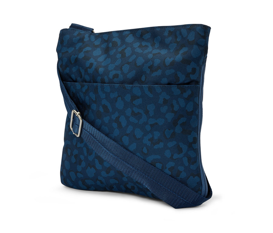 Eine blaue Sicherheits-Umhängetasche mit einem dunkelblauen Tiermuster.