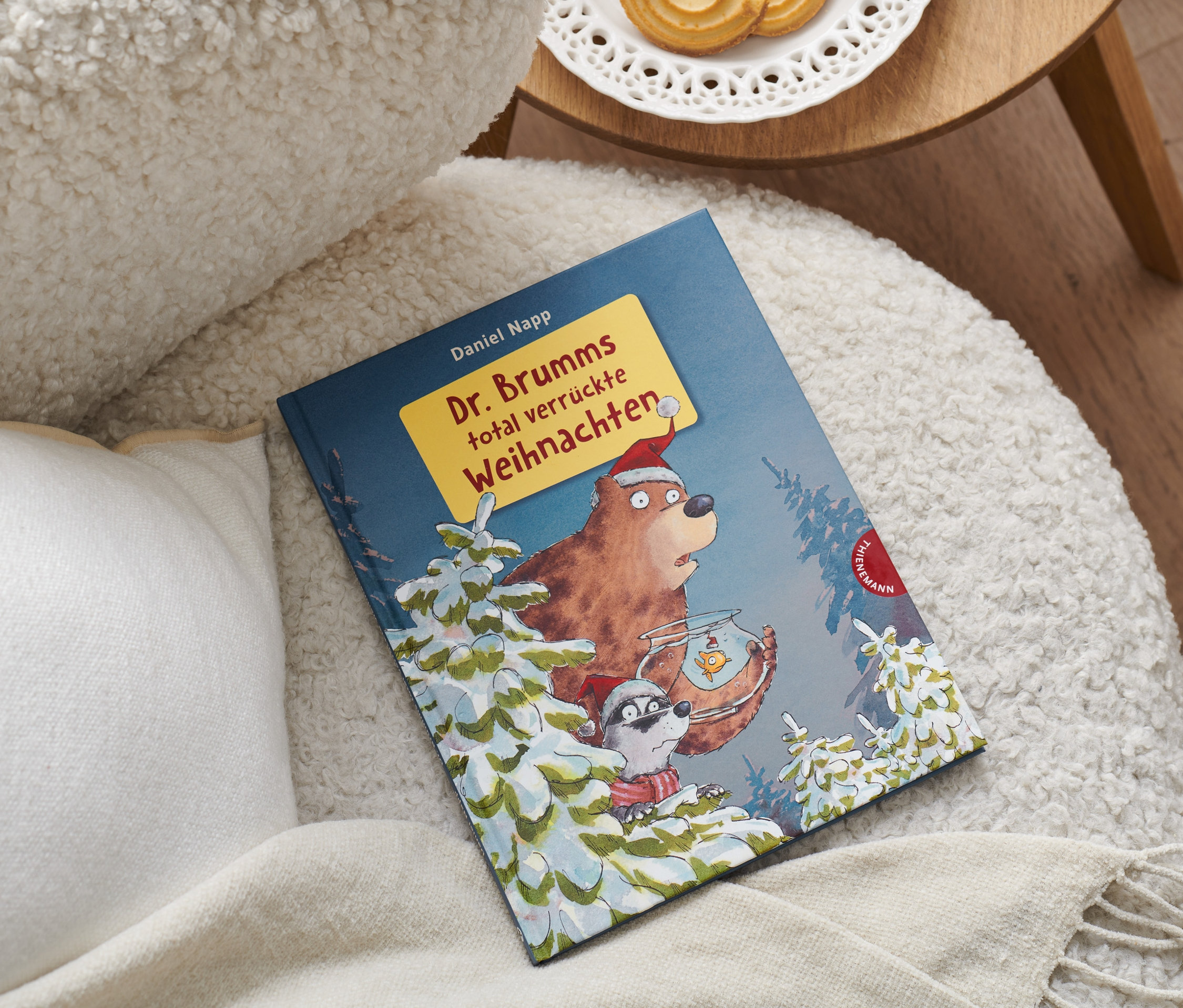 Das Buch »Dr. Brumms total verrückte Weihnachten« liegt auf einem Sessel neben einem Kissen.