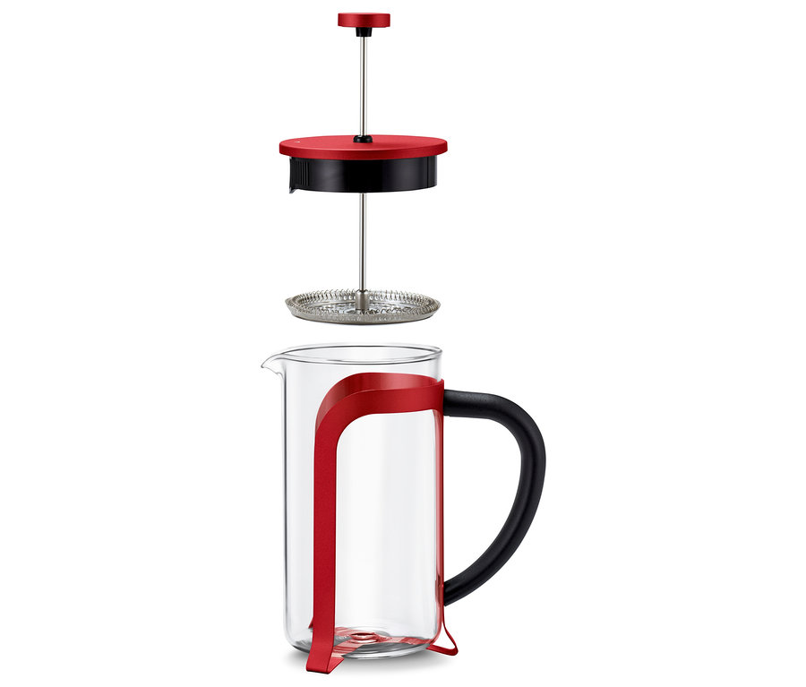 Eine rote Siebstempelkanne (800 ml, 6 Tassen) in Einzelteilen.