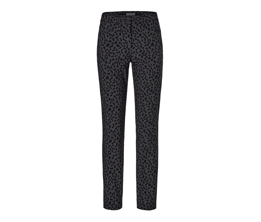 Graue Bengalin-Hose mit schwarzem Leopardenmuster.