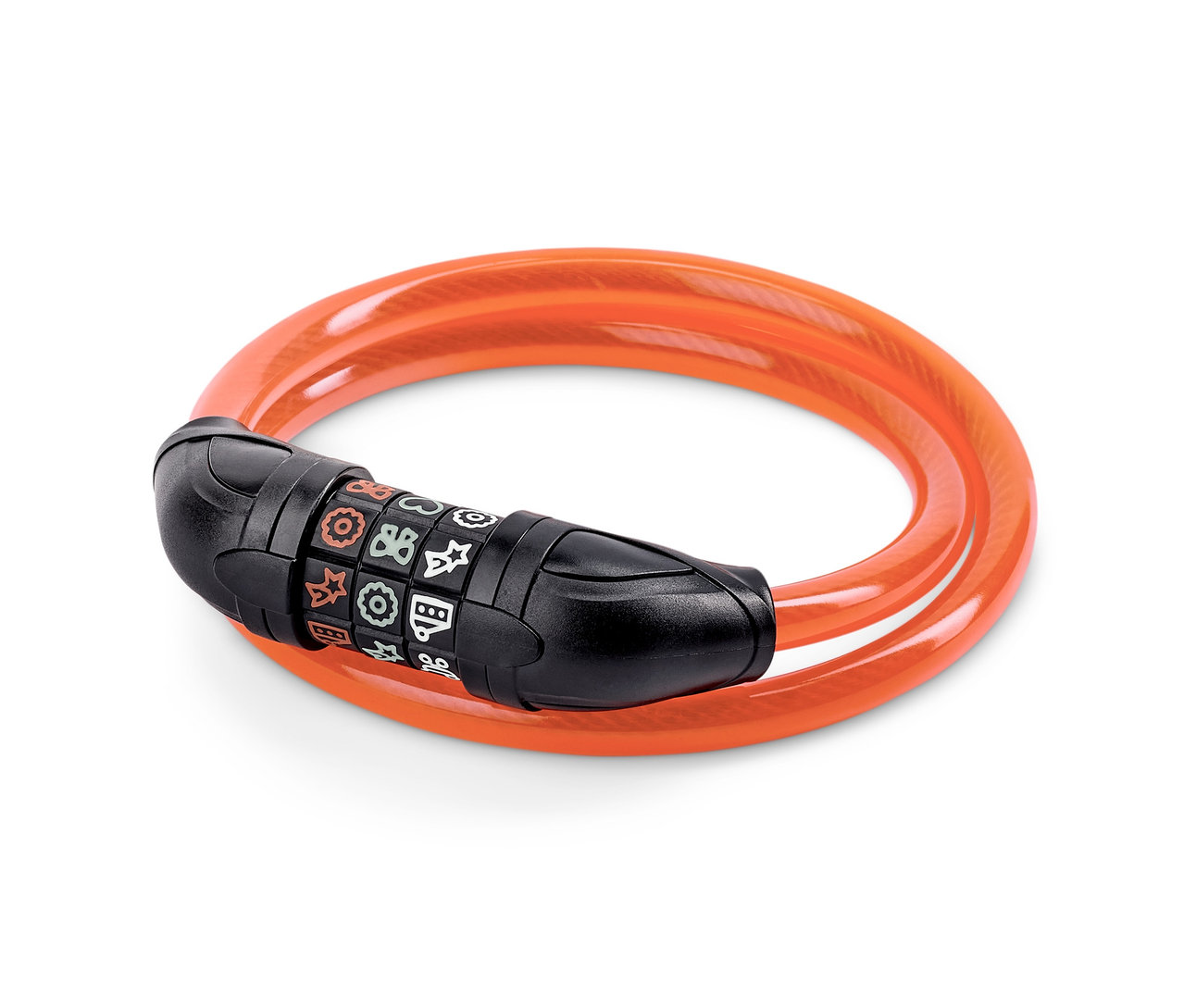 Ein oranges Kinder-Fahrradschloss mit Symbolen auf dem schwarzen Schloss.