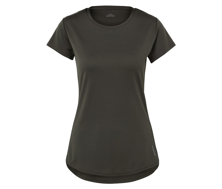 Detailaufnahme eines olivgrünen Damen Sport-T-Shirts.