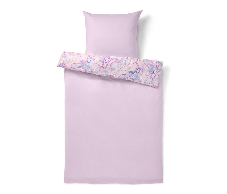 Rosafarbene Renforcé-Bettwäsche in Normalgröße mit Blumenmuster und Kopfkissen.