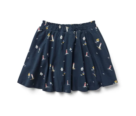 Marineblauer Kinder-Jerseyrock mit Leuchttürmen und Segelbooten.