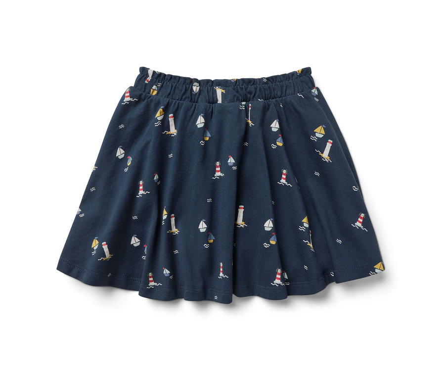 Marineblauer Kinder-Jerseyrock mit Leuchttürmen und Segelbooten.