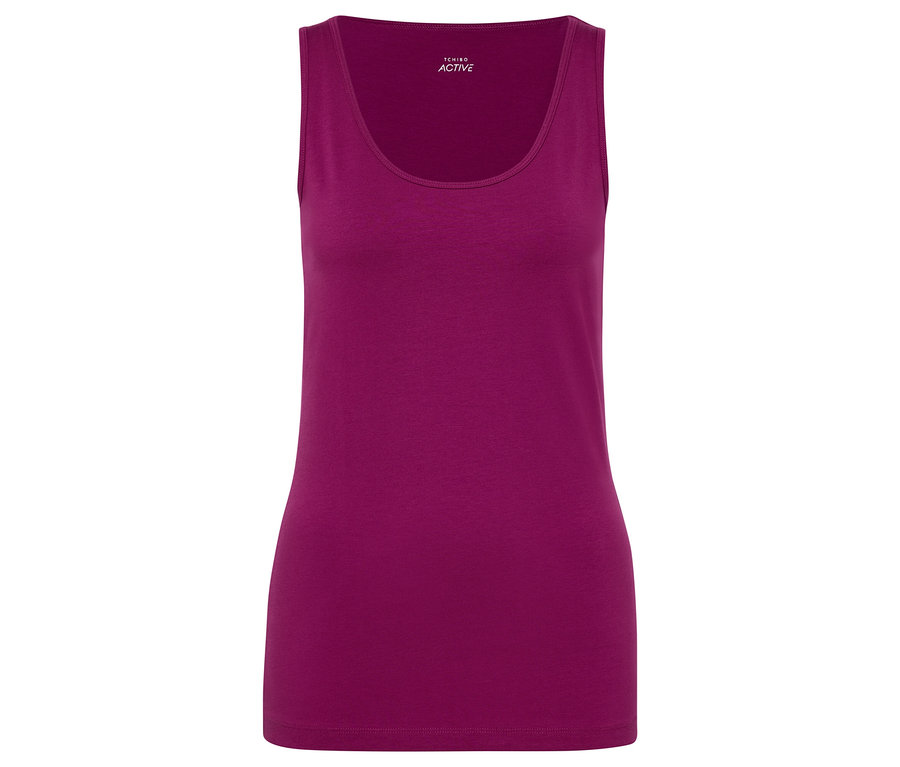 Ärmelloses, violettes Tanktop auf weißem Hintergrund.