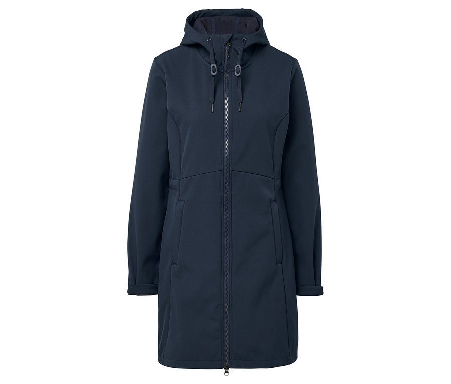 Ein marineblauer Softshellmantel mit Kapuze und Reißverschluss in der Mitte.