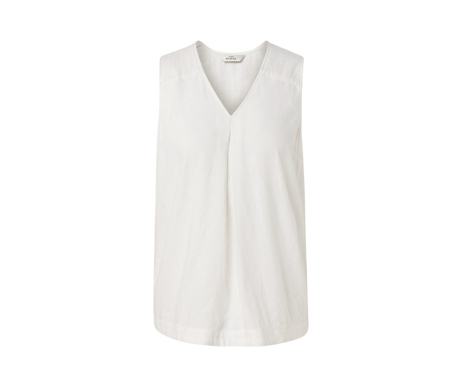 Weiße ärmellose Leinenbluse.