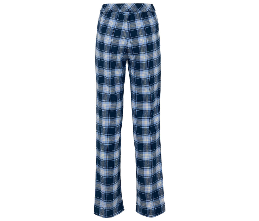 Eine blaue, karierte Pyjamahose mit elastischem Bund.