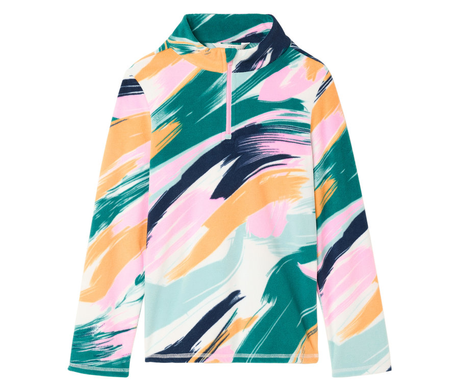 Gemusterter Fleece-Pullover mit langen Ärmeln und kurzem Reißverschluss.