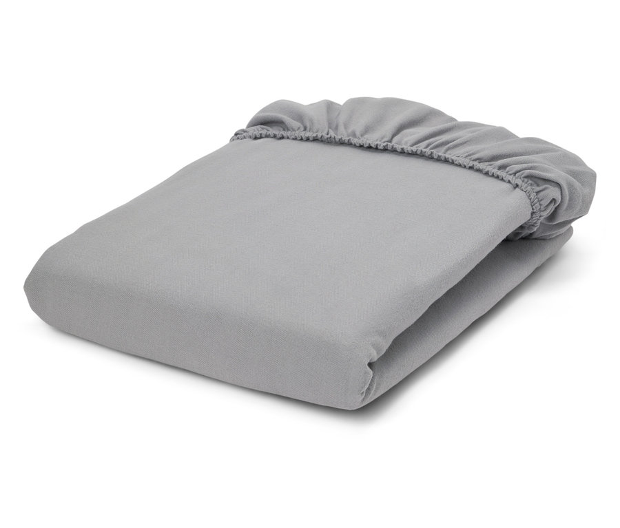 Gefaltetes graues Spannbettlaken mit elastischen Ecken.