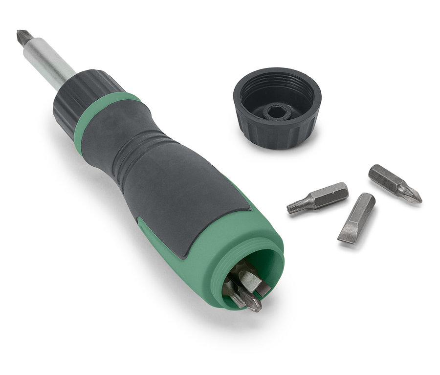 Magnetischer Ratschen-Schraubendreher mit Aufsätzen.