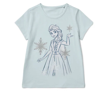 Helles T-Shirt mit einer gezeichneten Elsa und Schneeflocken.