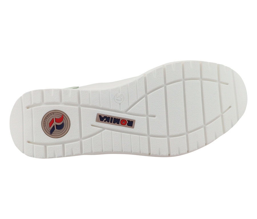 Sohle eines weißen Romika Schuhs mit dem Romika Logo.