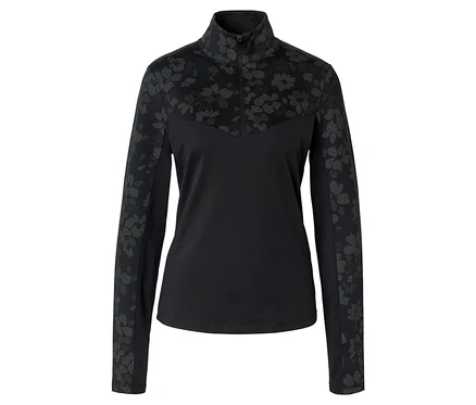 Schwarzes, langärmliges Shirt mit Reißverschluss und Blumenmuster an Ärmeln und oberer Vorderseite.