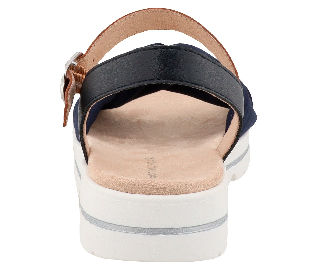 Rückansicht einer einzelnen blauen Sandale mit braunen Riemen und einer weißen, gestreiften Plateausohle.