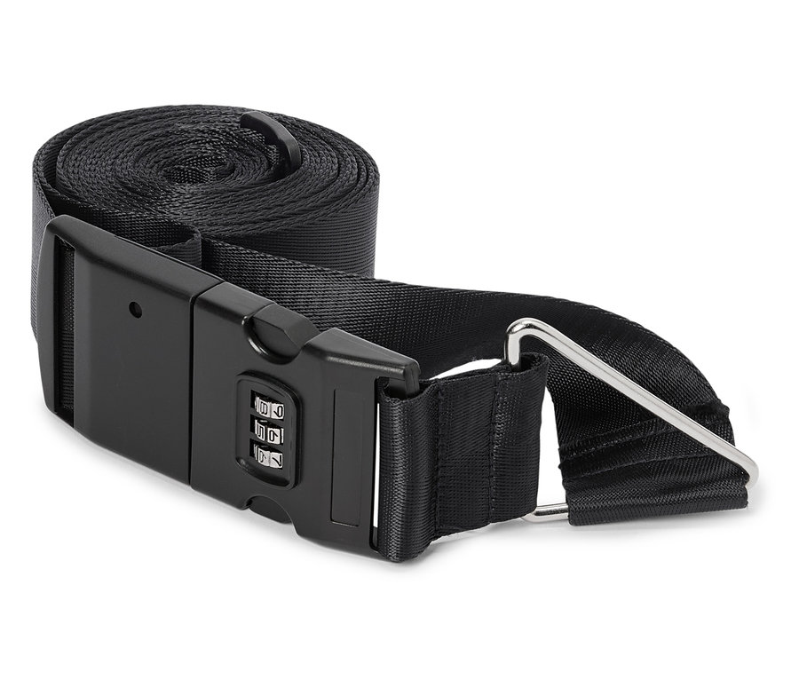 Schwarzer Gepäckgurt mit Zahlenschloss und silberner Schnalle, zusammengerollt auf weißem Hintergrund.