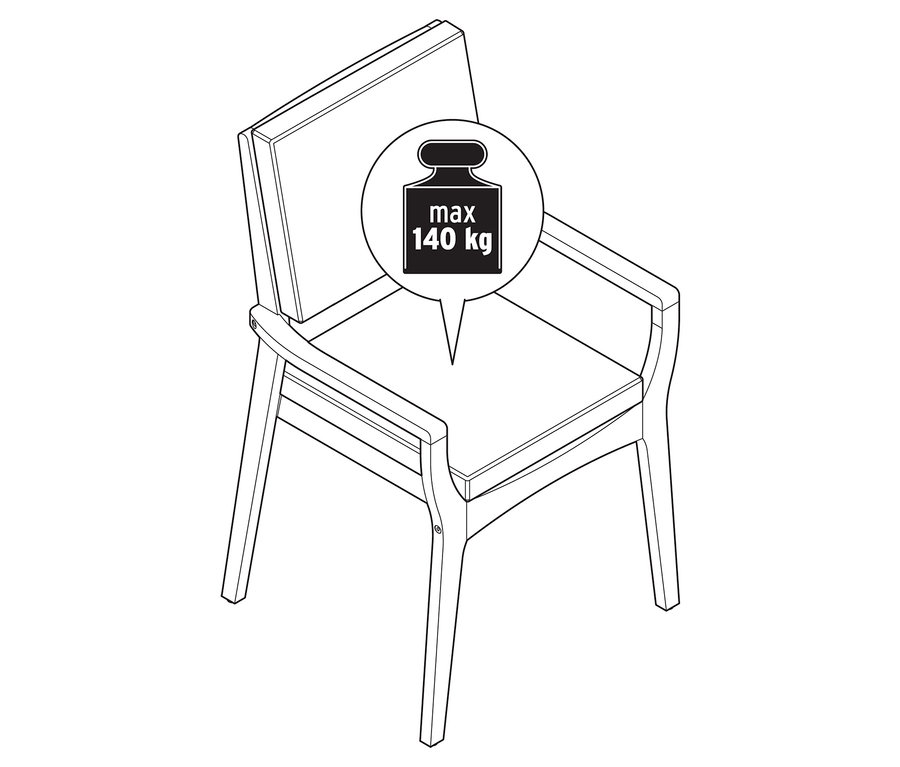 Draufsicht eines skizzenhaften, stapelbaren Teak-Gartenstuhls mit Gewichtsangabe.