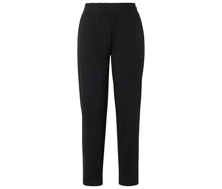 Schwarze Sweathose mit elastischem Bund, flach liegend.