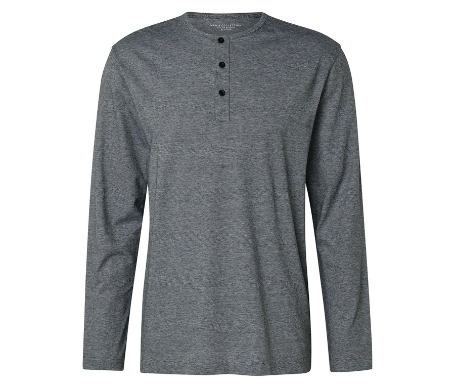 Graues, langärmeliges Shirt mit drei Knöpfen am Halsausschnitt.