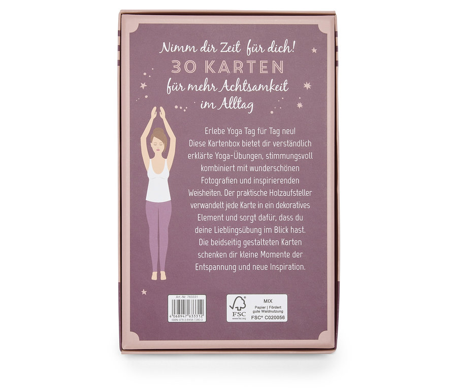 Eine Kartonbox mit dem Titel "Nimm dir Zeit für dich! 30 Karten für mehr Achtsamkeit im Alltag" mit einer Yoga-Illustration.