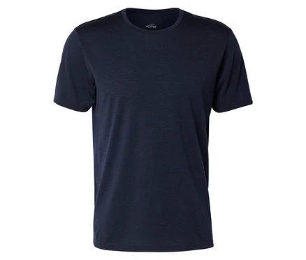 Dunkelblaues Kurzarm-T-Shirt mit Rundhalsausschnitt und meliertem Stoff. Ein weißes "ACTIVE"-Etikett ist am inneren Kragen sichtbar.
