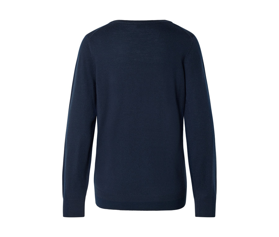 Dunkelblauer Pullover mit Rundhalsausschnitt, Rückansicht. Er hat lange Ärmel und gerippte Bündchen sowie Saum.