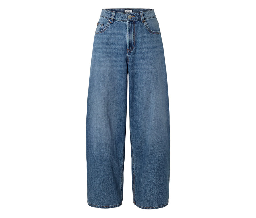 Mittelblaue Wide-Leg-Jeans mit Knopf- und Reißverschluss sowie Vordertaschen.
