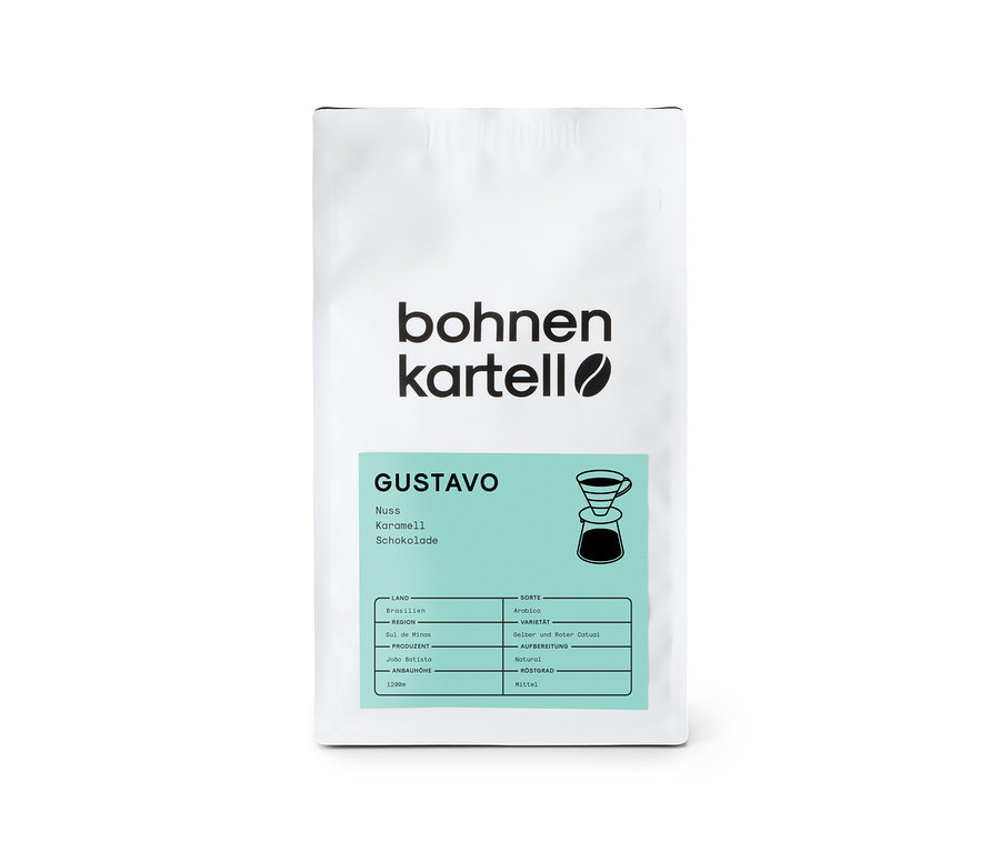 Eine Packung bohnenkartell - Gustavo Filterkaffee - 250 g Ganze Bohne mit Noten von Nuss, Karamell und Schokolade ist abgebildet.