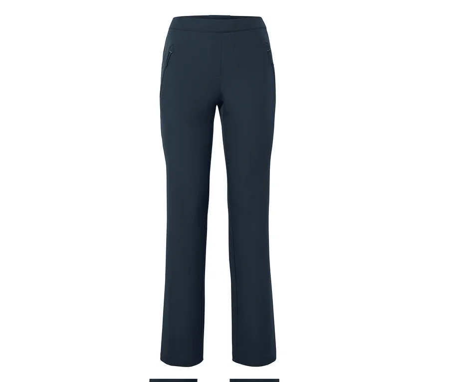 Dunkelblaue Hose mit geradem Bein und schrägen Reißverschlusstaschen an den Seiten, auf weißem Hintergrund.