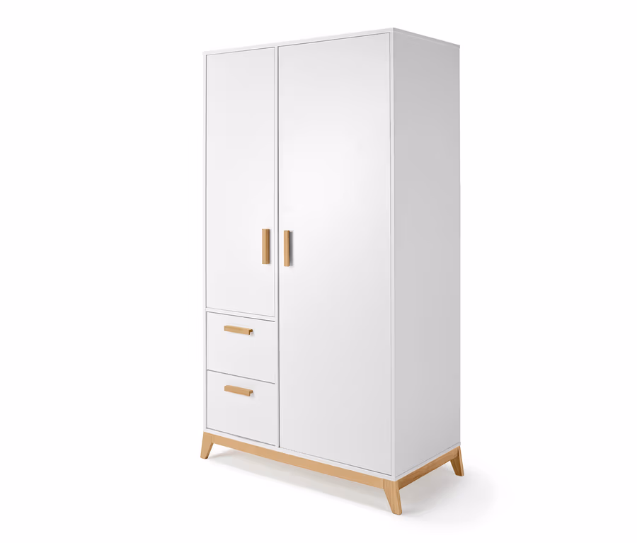 Weißer Kleiderschrank mit zwei Türen und zwei Schubladen.