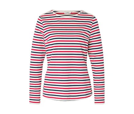 Langarmshirt mit roten und marineblauen Streifen auf weißem Hintergrund.