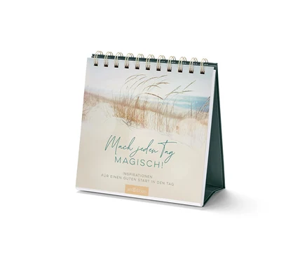 Nahaufnahme eines Buch-Tisch-Aufstellers »Mach jeden Tag magisch«.