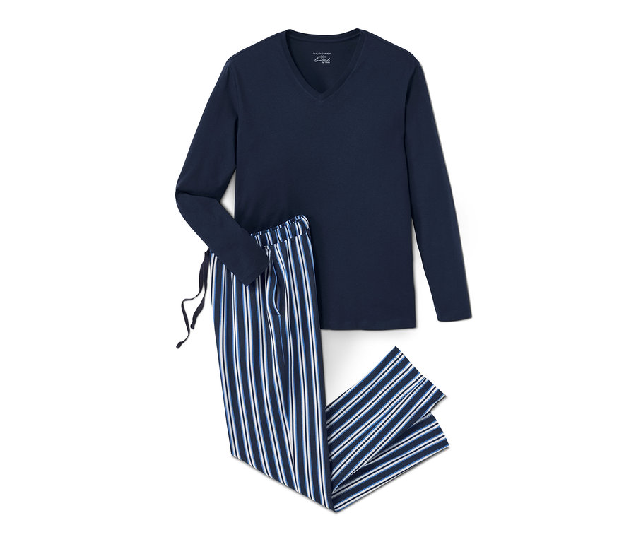 Marineblauer Pyjama mit langen Ärmeln und gestreifter Hose.