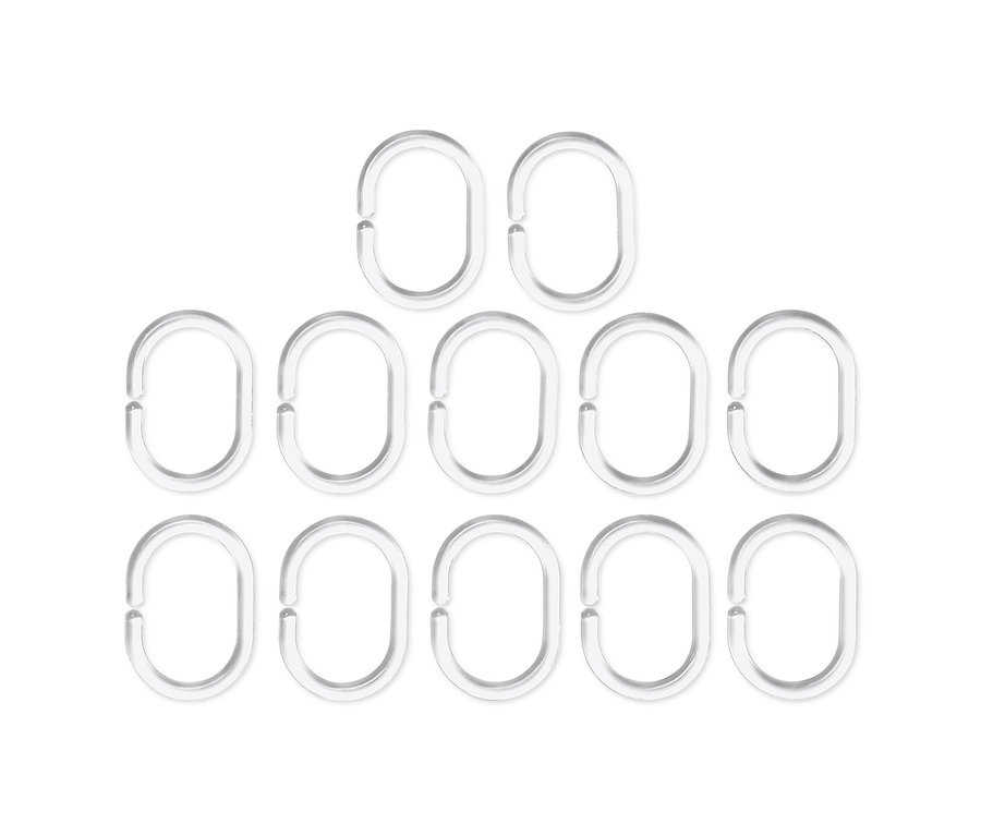 Zehn transparente Duschvorhangringe in drei Reihen angeordnet.