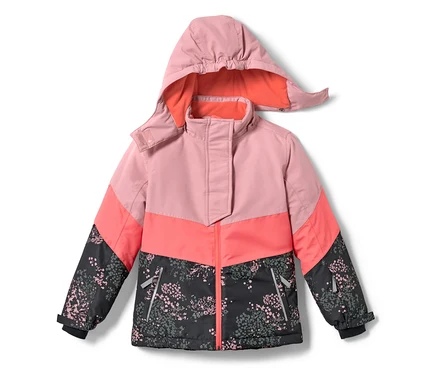 Rosa-schwarze Kinder-Skijacke mit Blumenmuster und Kapuze.